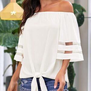 Utyful Casual Off Shoulder Mesh Panel 3/4 Bell Sleeve Front Knot Top